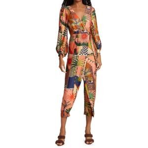 Farm Rio XS Mystic Jungle Wrap bodice split leg bohemian patchwork Jumpsuit $245